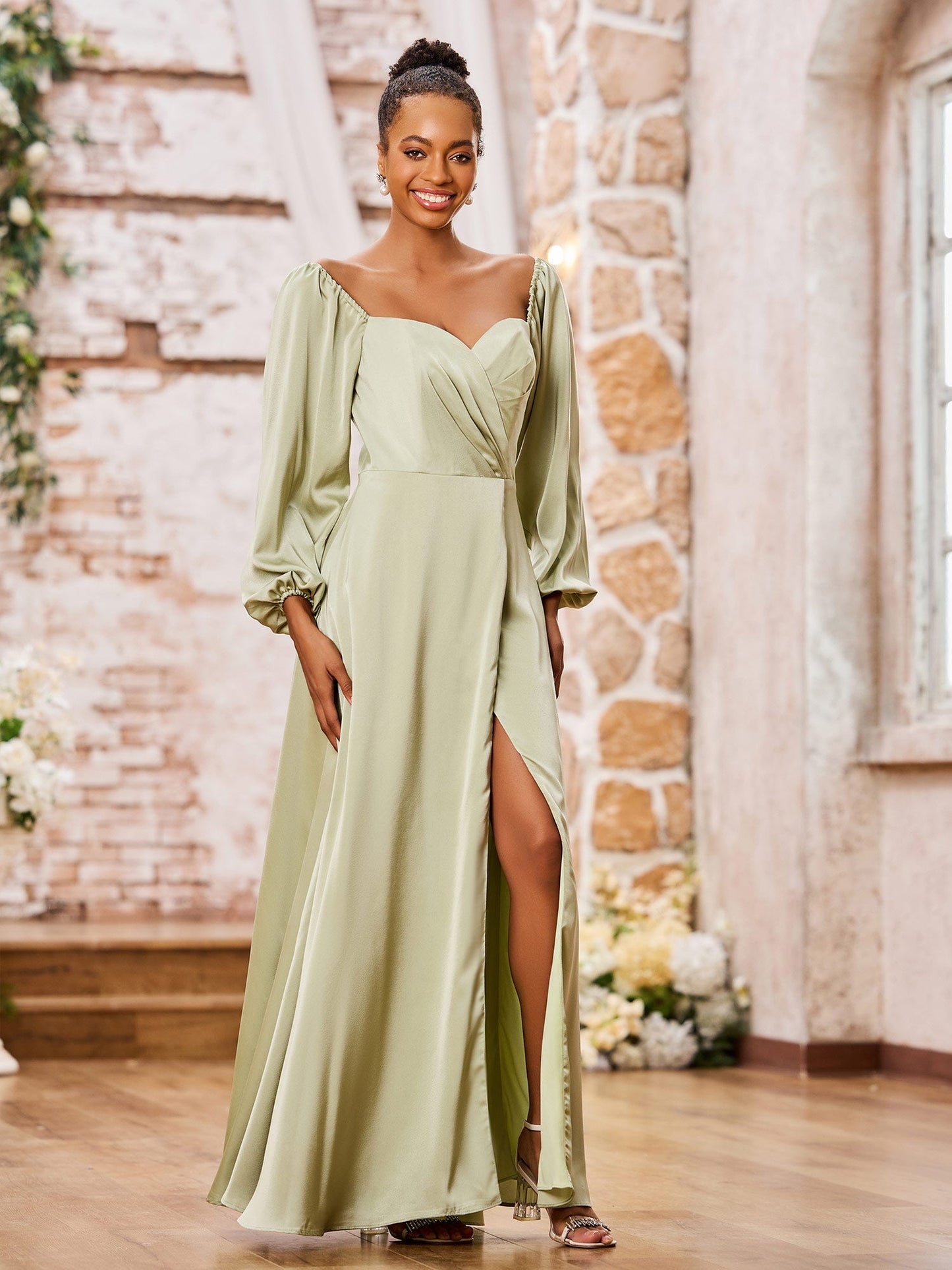 Sweetheart Neck A-line Long Sleeves High Slit Dresses Dusty Sage
