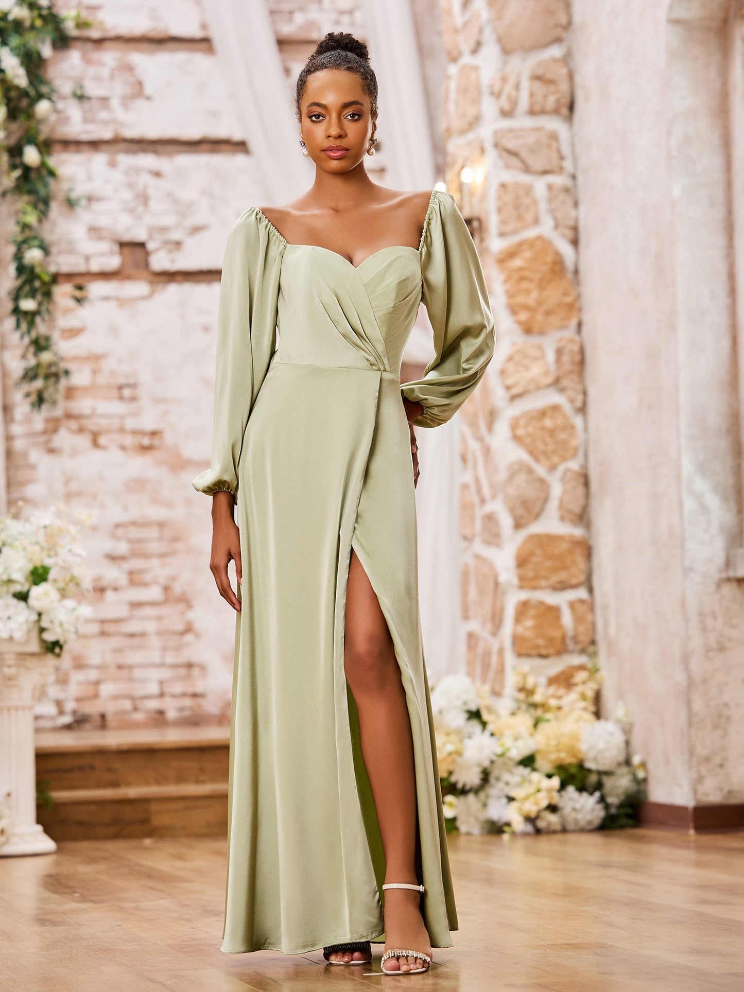 Sweetheart Neck A-line Long Sleeves High Slit Dresses Dusty Sage