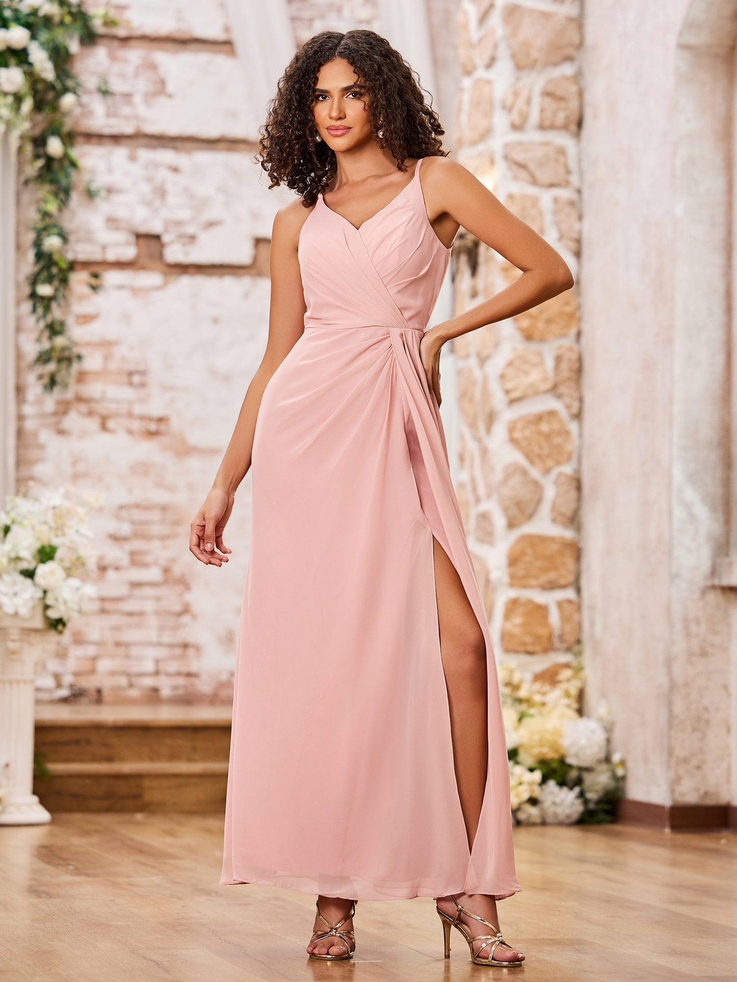 A-line Spaghetti Straps Chiffon Maxi Dresses with Slit Dusty Rose