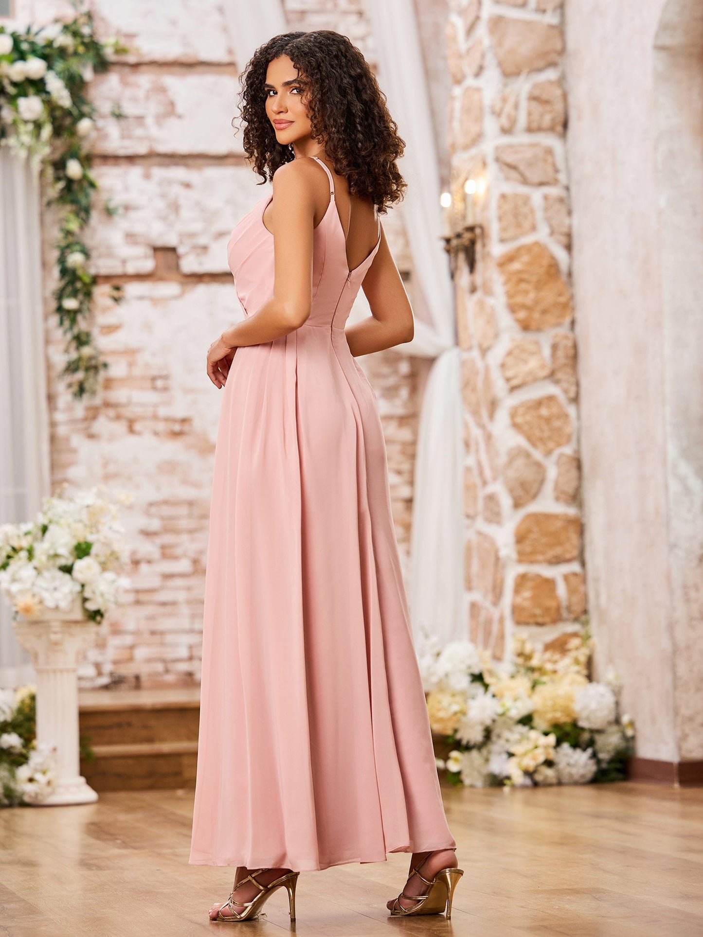 A-line Spaghetti Straps Chiffon Maxi Dresses with Slit Dusty Rose