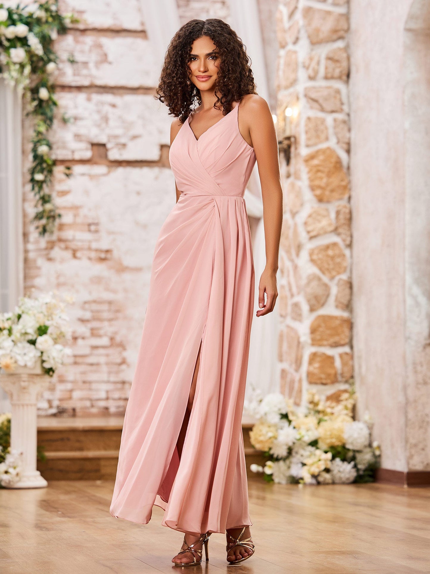 A-line Spaghetti Straps Chiffon Maxi Dresses with Slit Dusty Rose