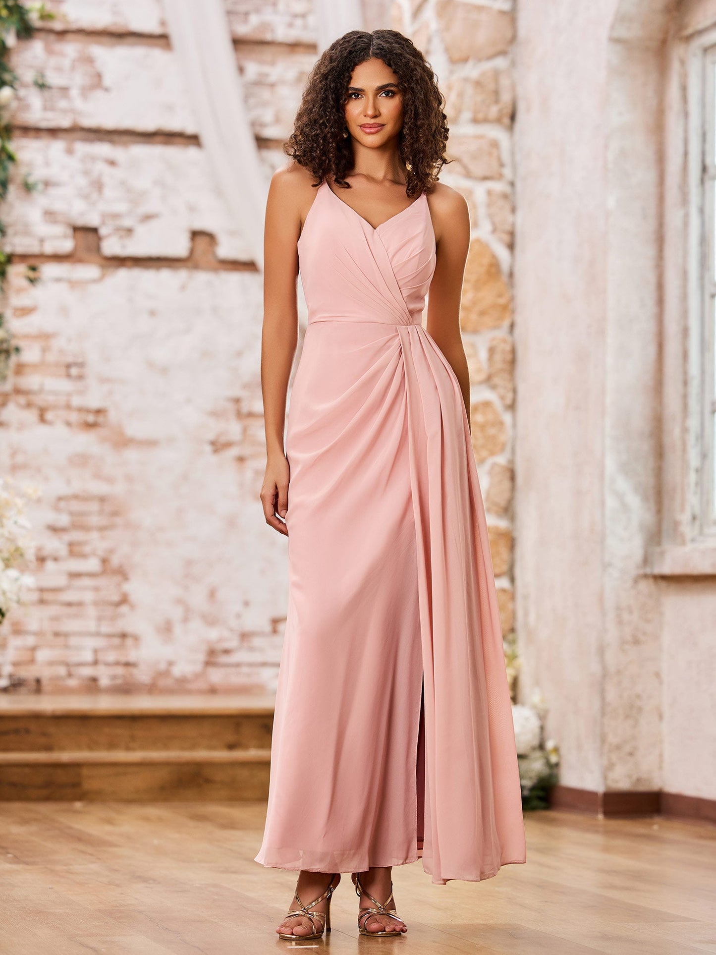 A-line Spaghetti Straps Chiffon Maxi Dresses with Slit Dusty Rose