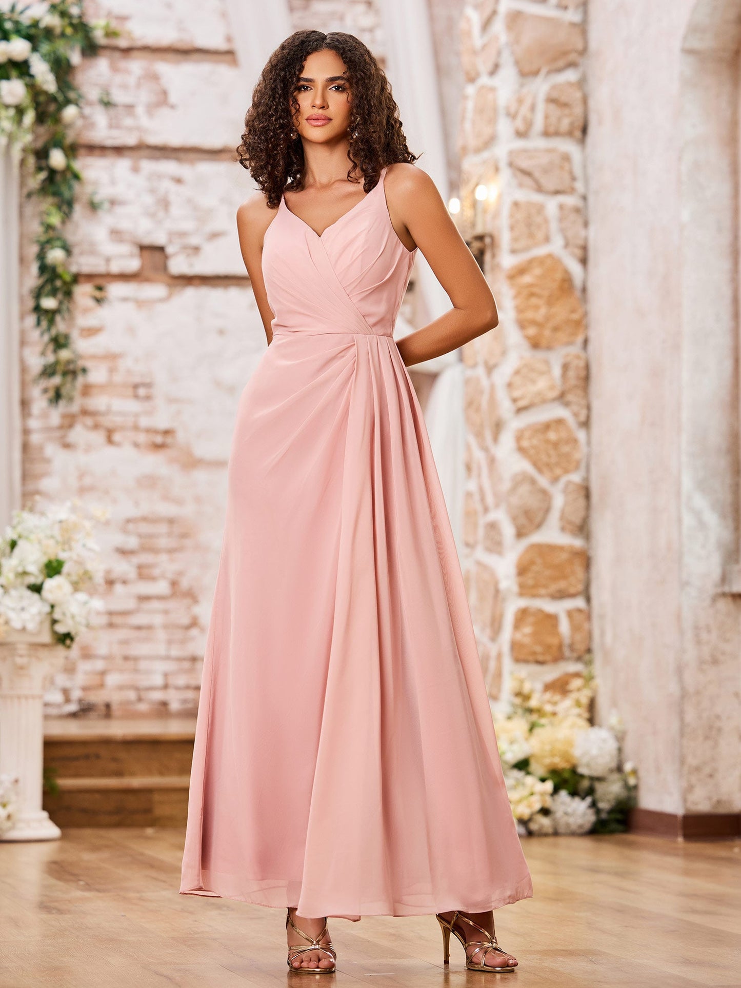 A-line Spaghetti Straps Chiffon Maxi Dresses with Slit Dusty Rose