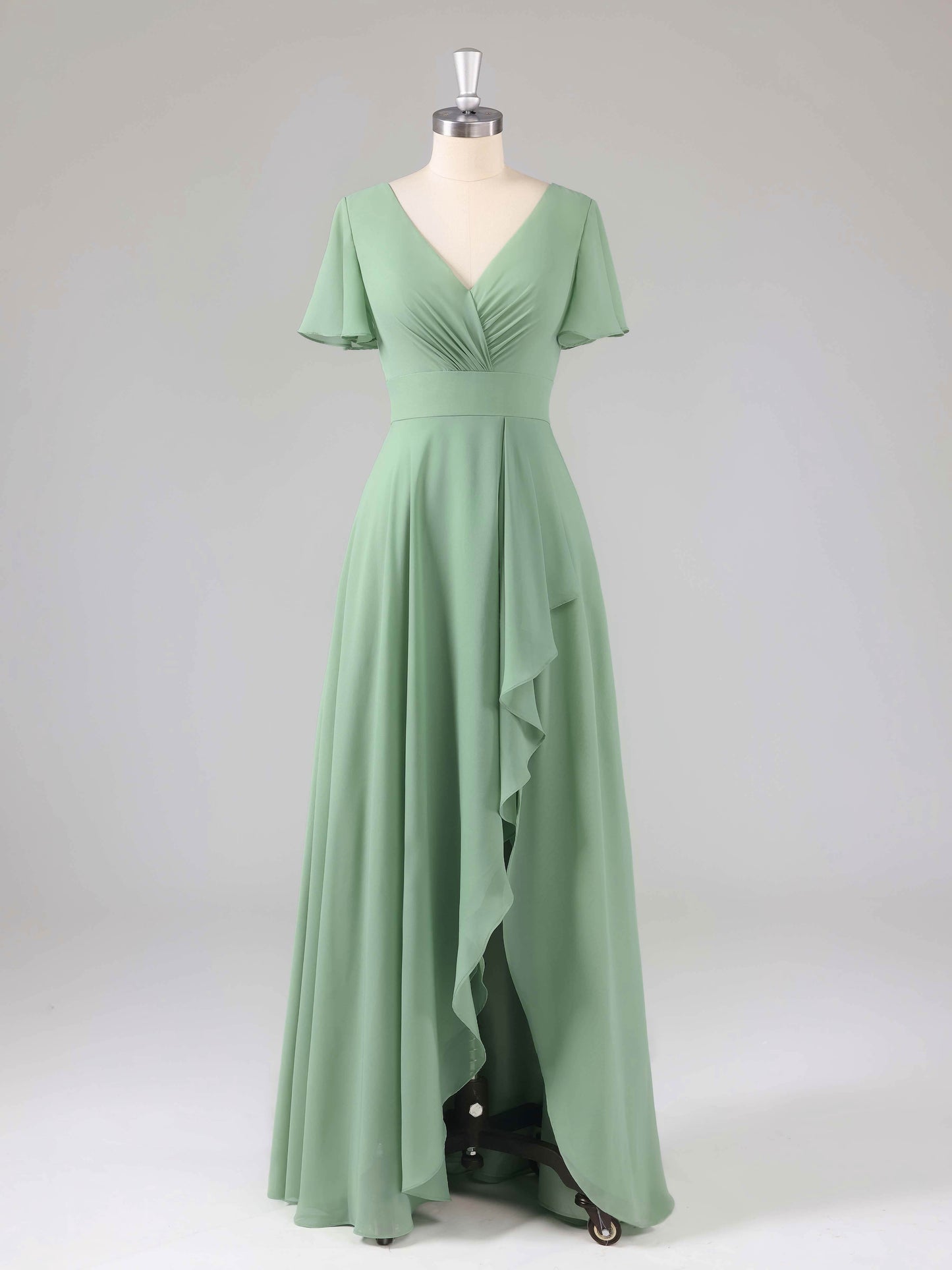 Liora V-Neck Ruffles Flutter Sleeves Bridesmaid Dresses with Slit