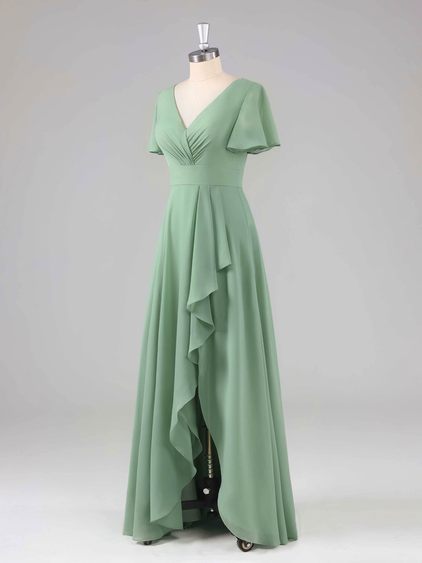 Liora V-Neck Ruffles Flutter Sleeves Bridesmaid Dresses with Slit