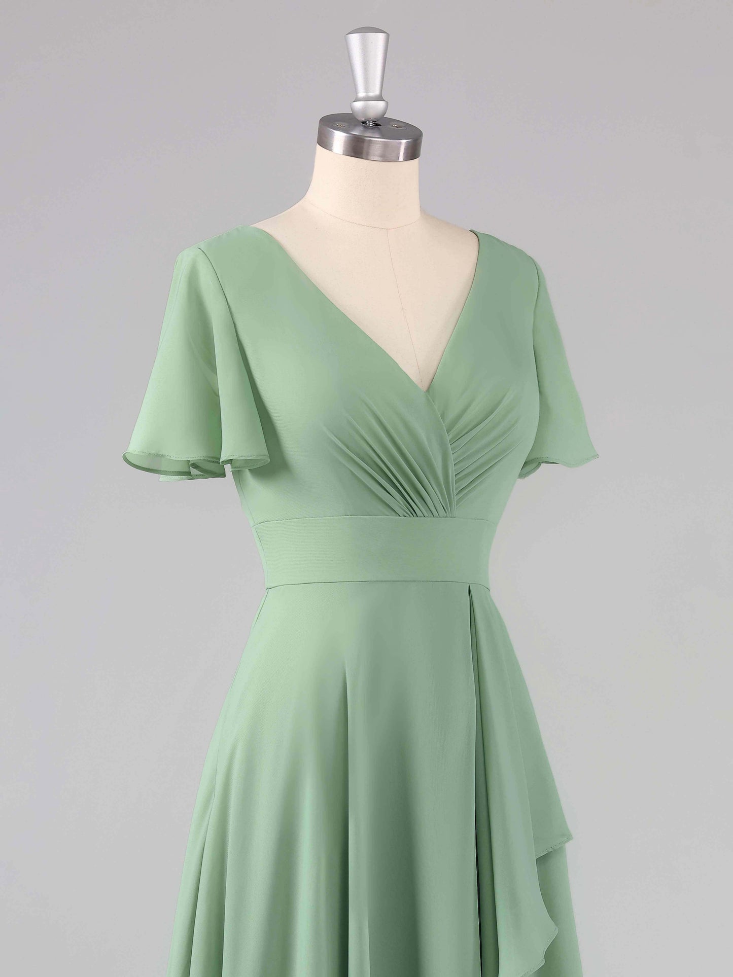 Liora V-Neck Ruffles Flutter Sleeves Bridesmaid Dresses with Slit