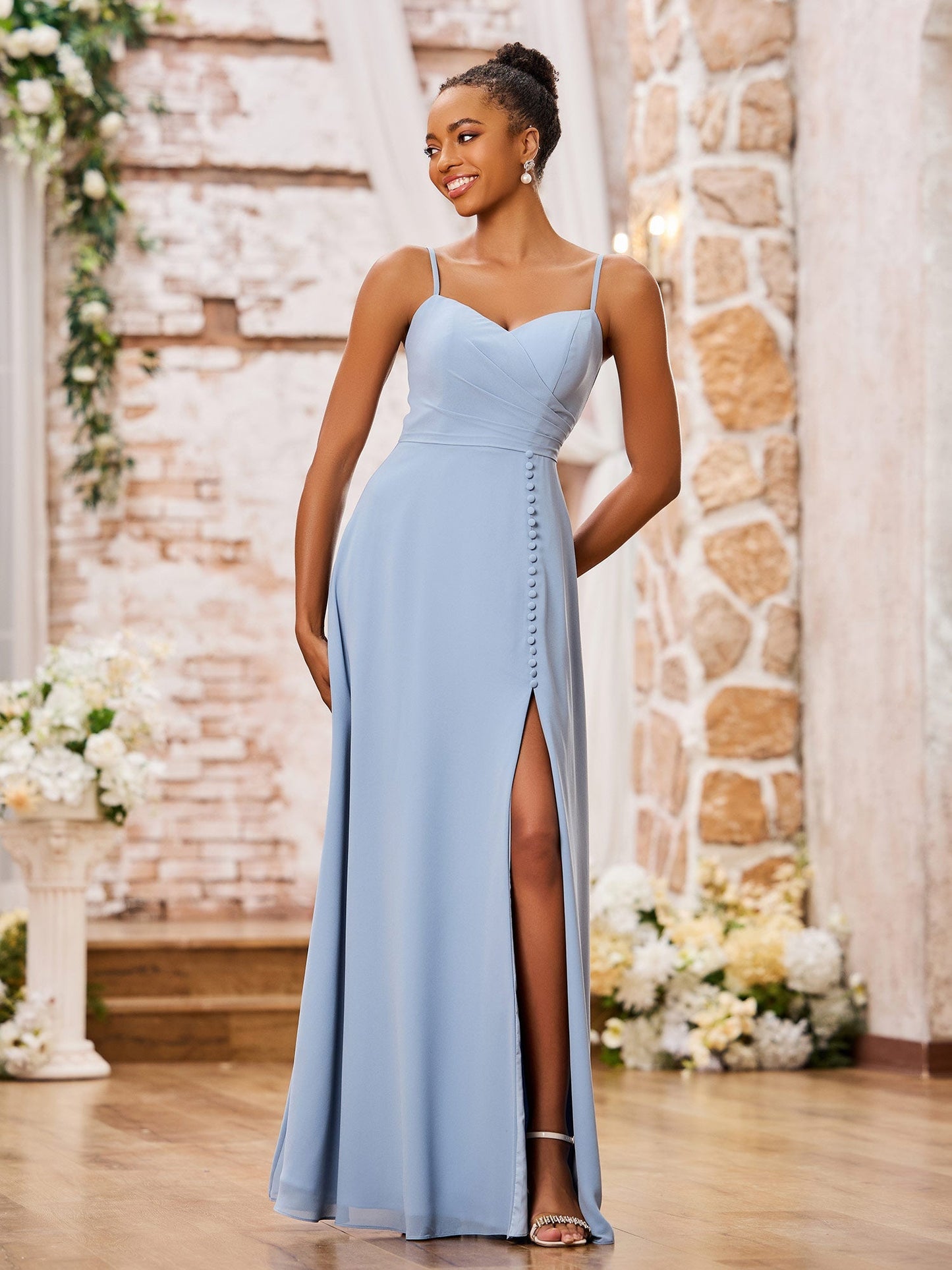 Sweetheart Neck Spaghetti Straps Chiffon Dresses with Slit Dusty Blue