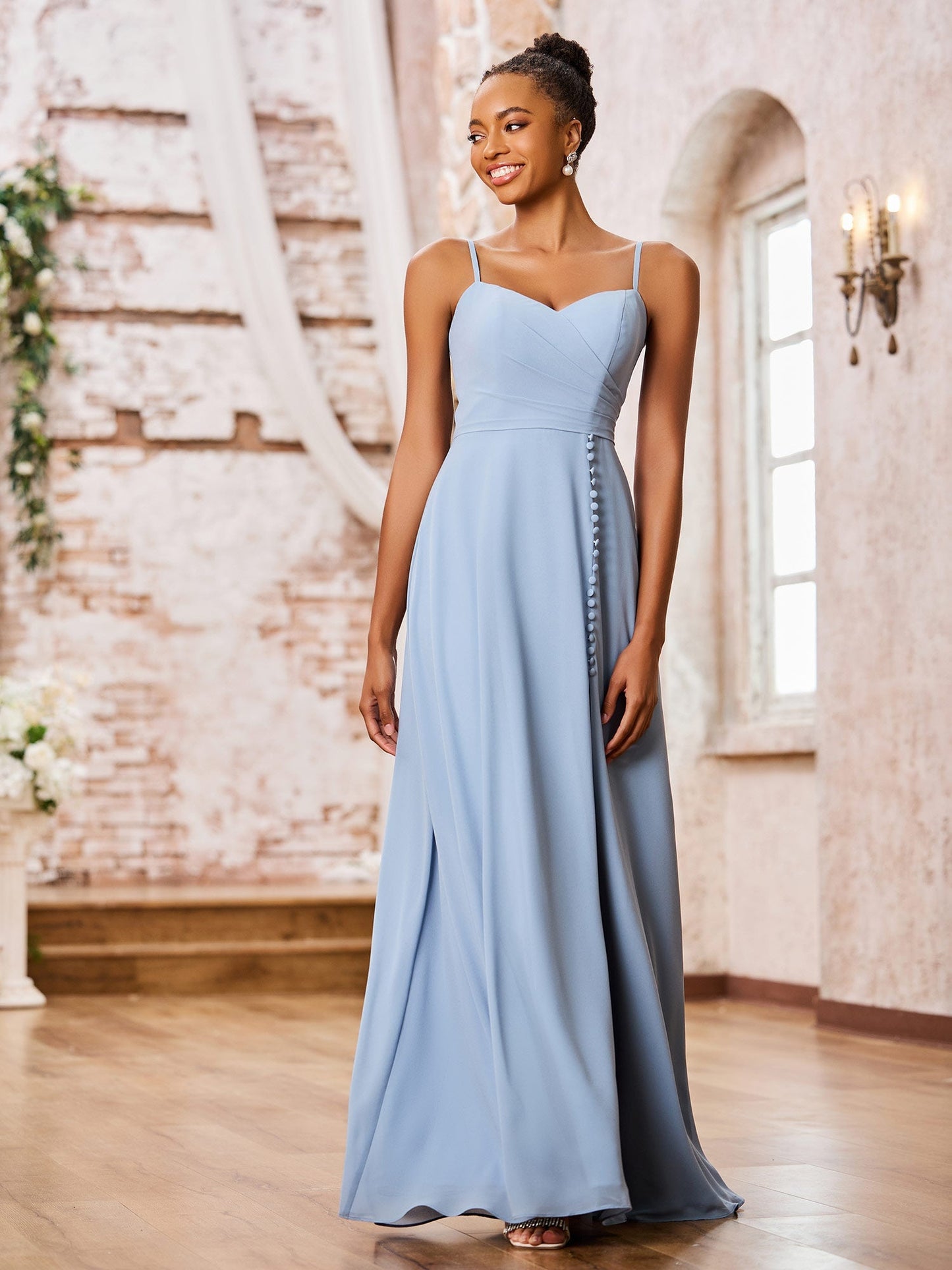 Sweetheart Neck Spaghetti Straps Chiffon Dresses with Slit Dusty Blue