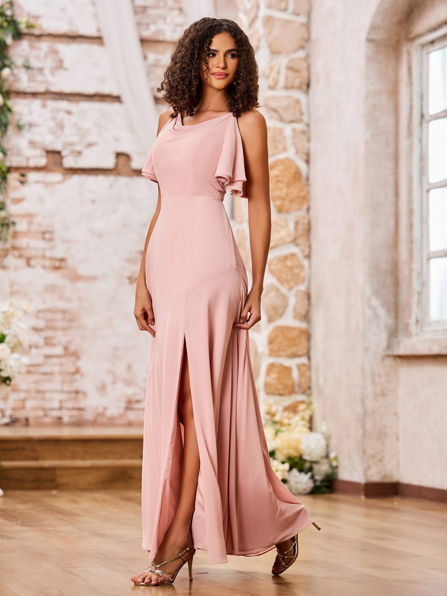 A-line Spaghetti Straps Cowl Neck Chiffon Dresses with Slit Dusty Rose