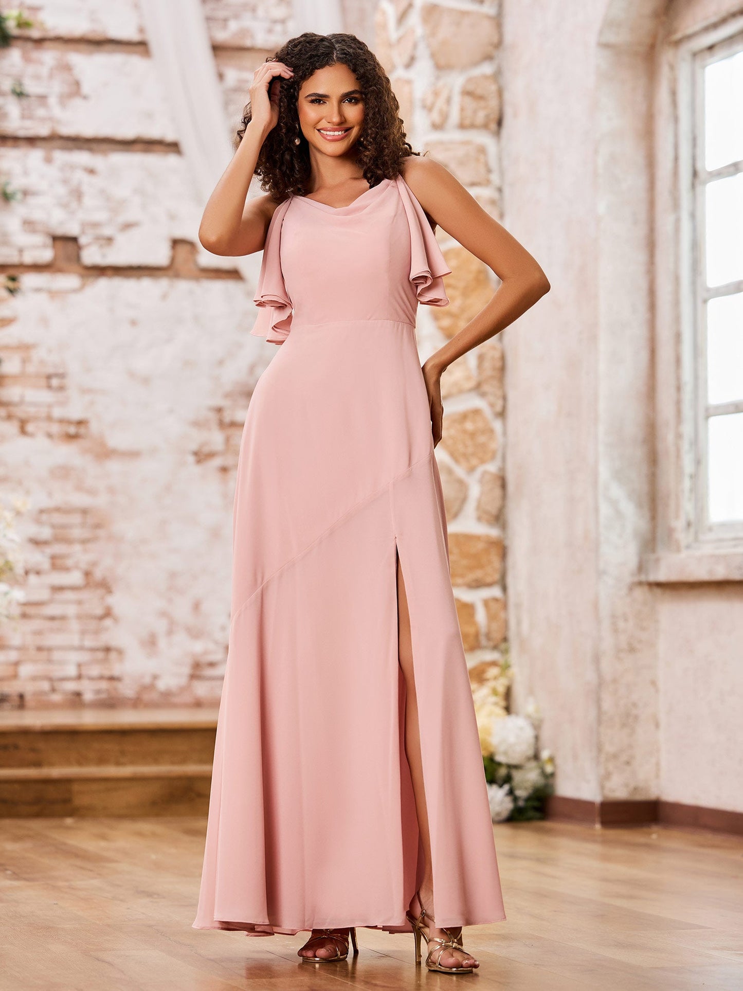 A-line Spaghetti Straps Cowl Neck Chiffon Dresses with Slit Dusty Rose