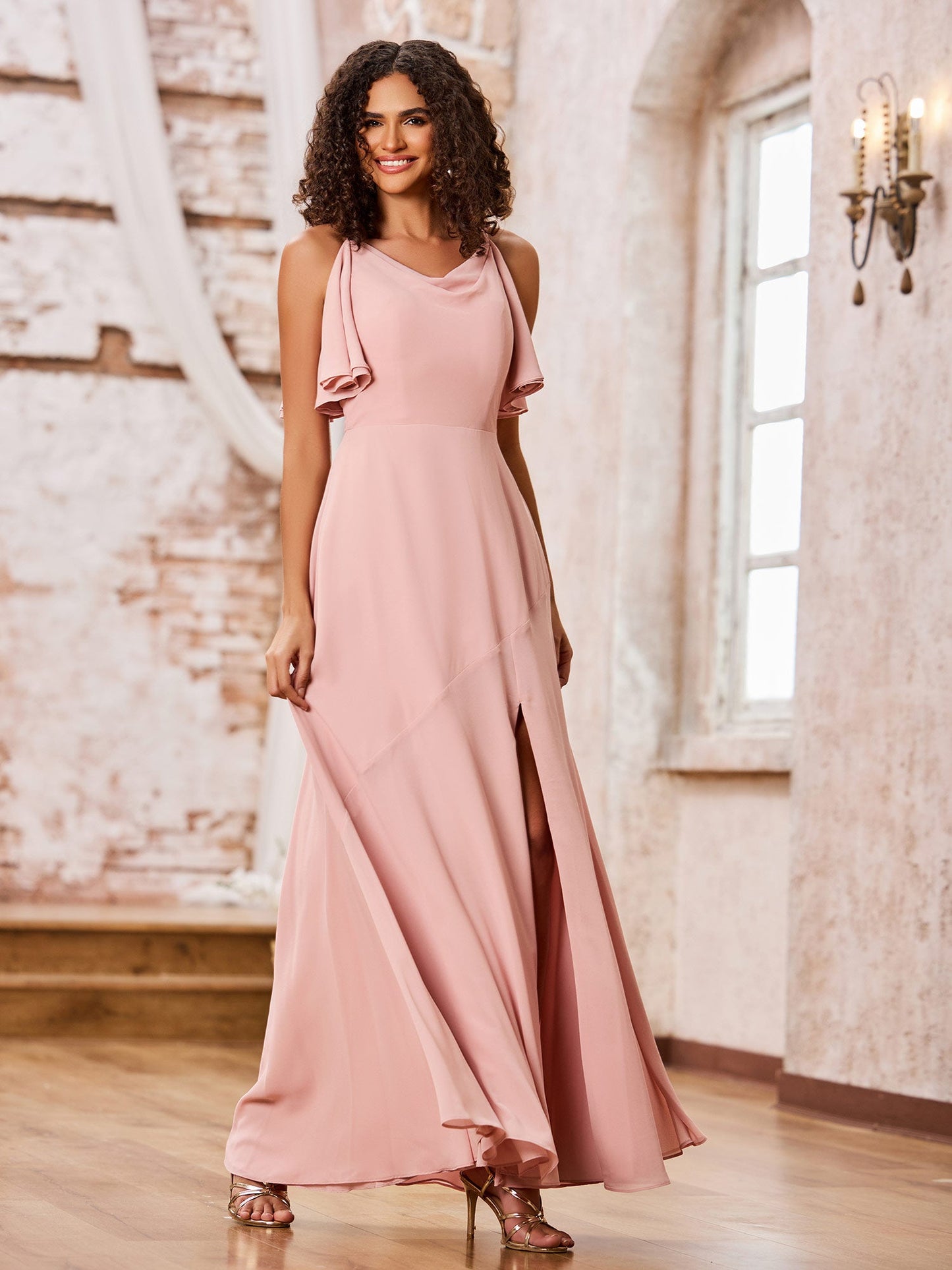 A-line Spaghetti Straps Cowl Neck Chiffon Dresses with Slit Dusty Rose
