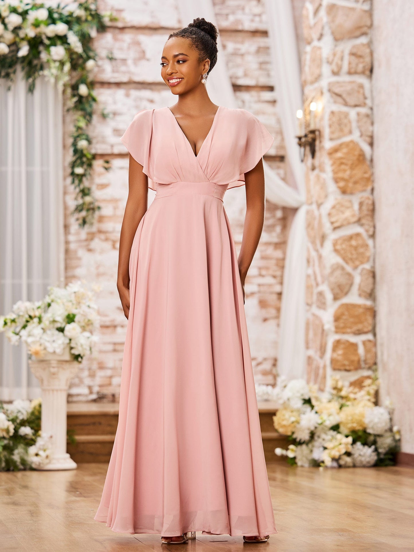 A-line Deep V-neck Long Chiffon Cap Sleeves Dresses Dusty Rose