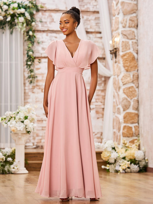 A-line Deep V-neck Long Chiffon Cap Sleeves Dresses Dusty Rose