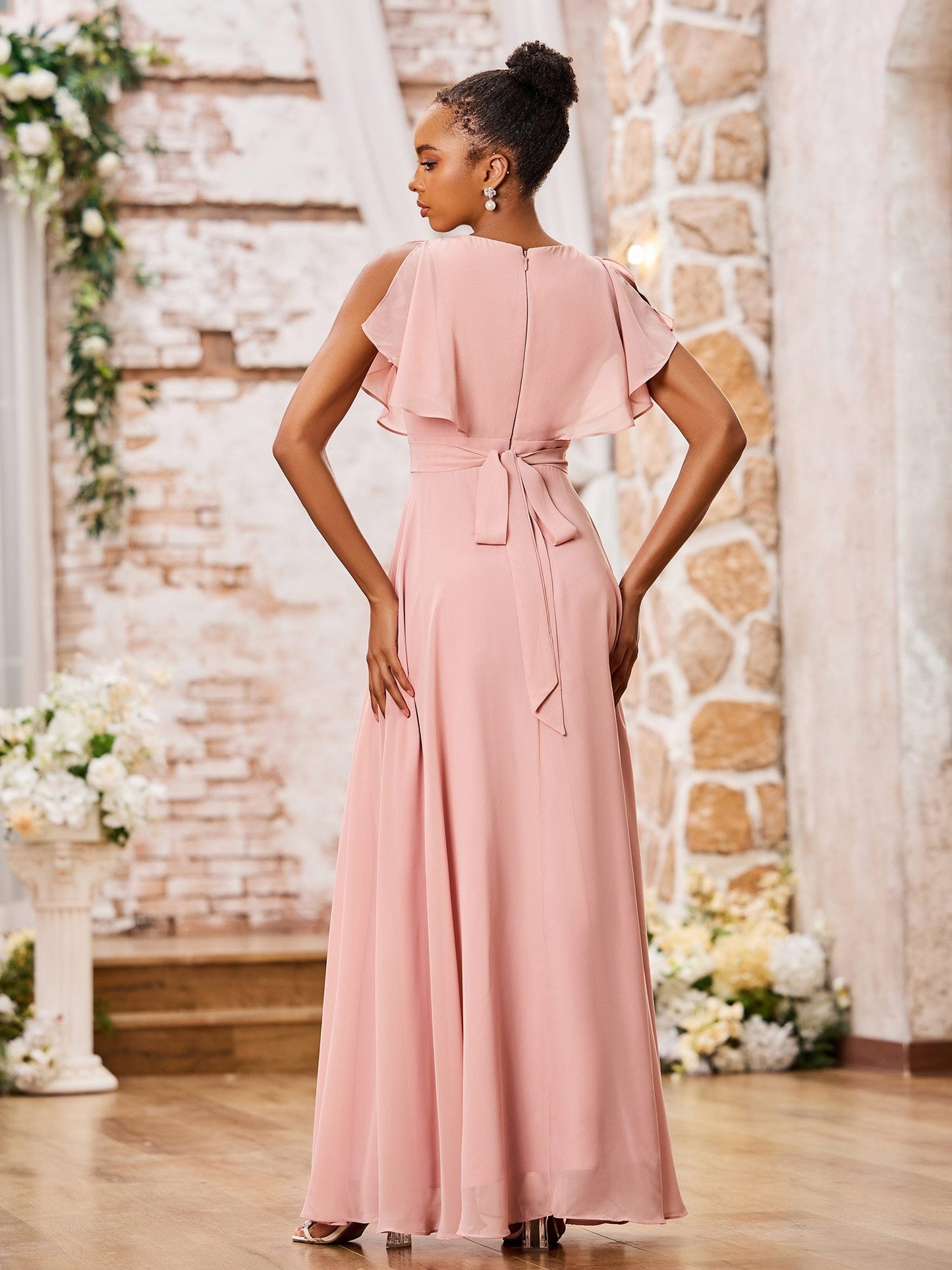 A-line Deep V-neck Long Chiffon Cap Sleeves Dresses Dusty Rose