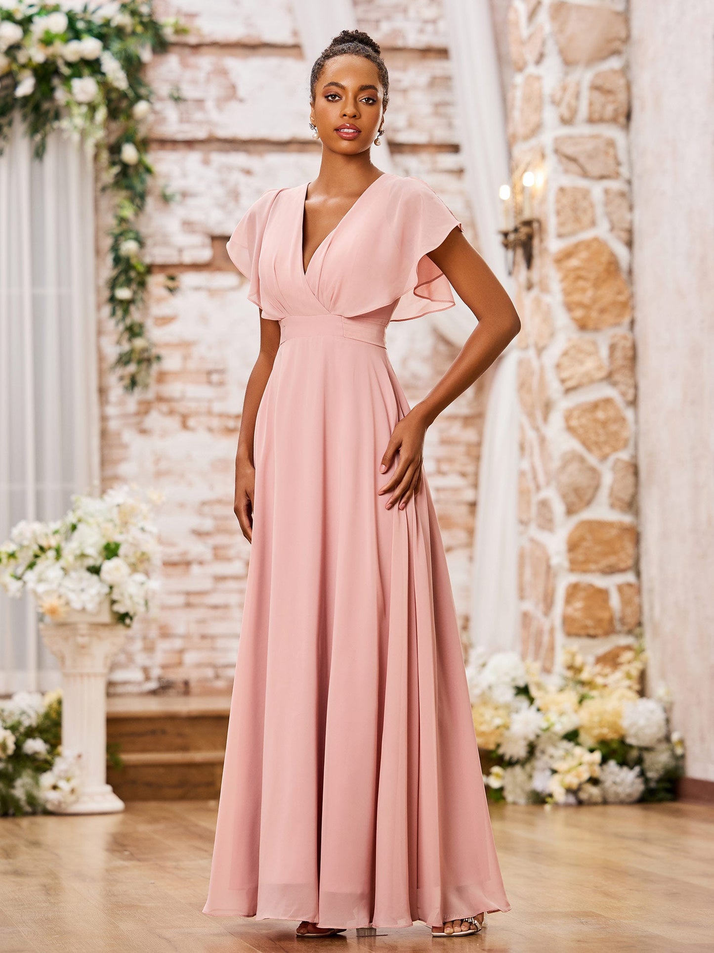 A-line Deep V-neck Long Chiffon Cap Sleeves Dresses Dusty Rose