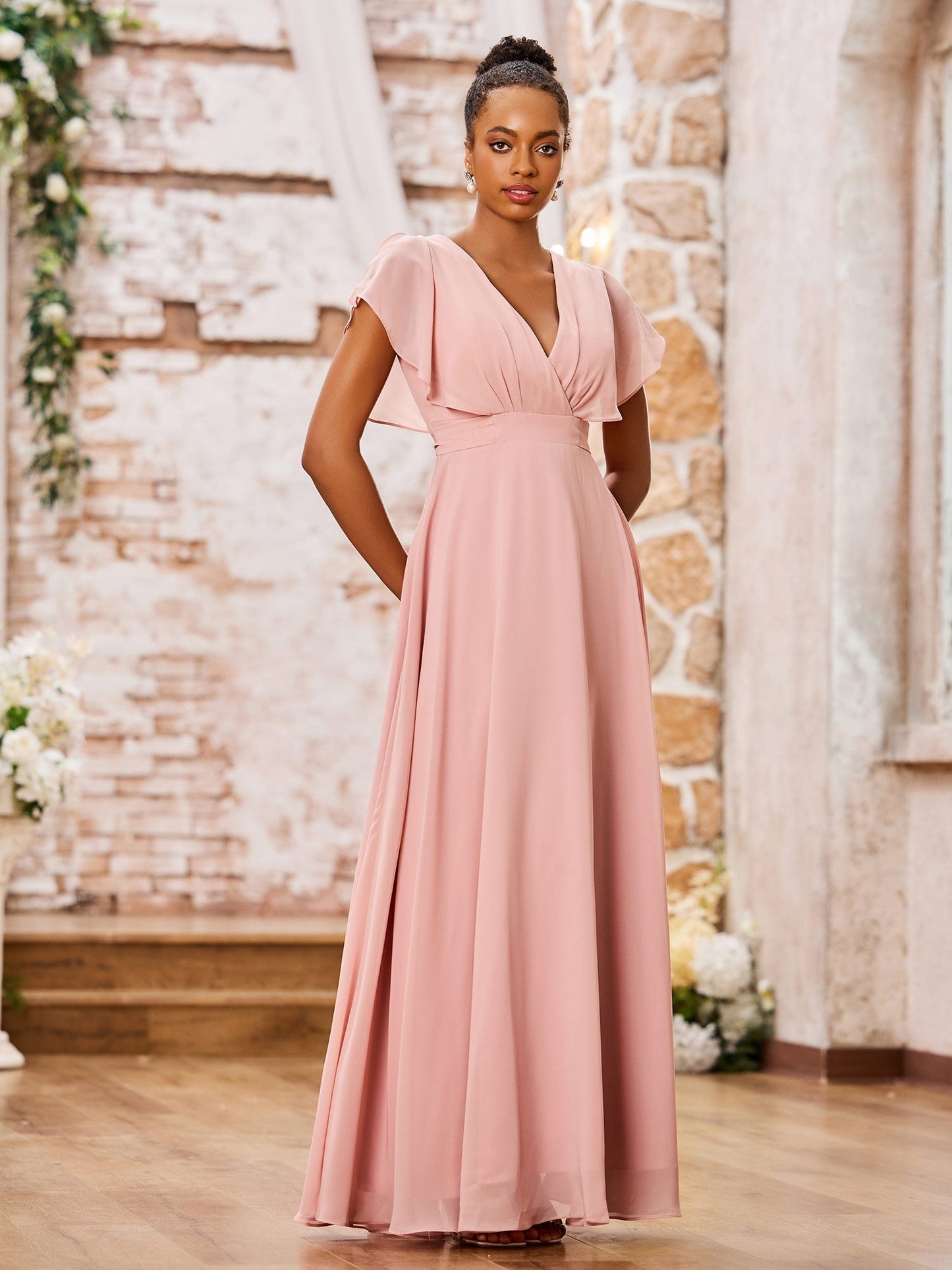 A-line Deep V-neck Long Chiffon Cap Sleeves Dresses Dusty Rose
