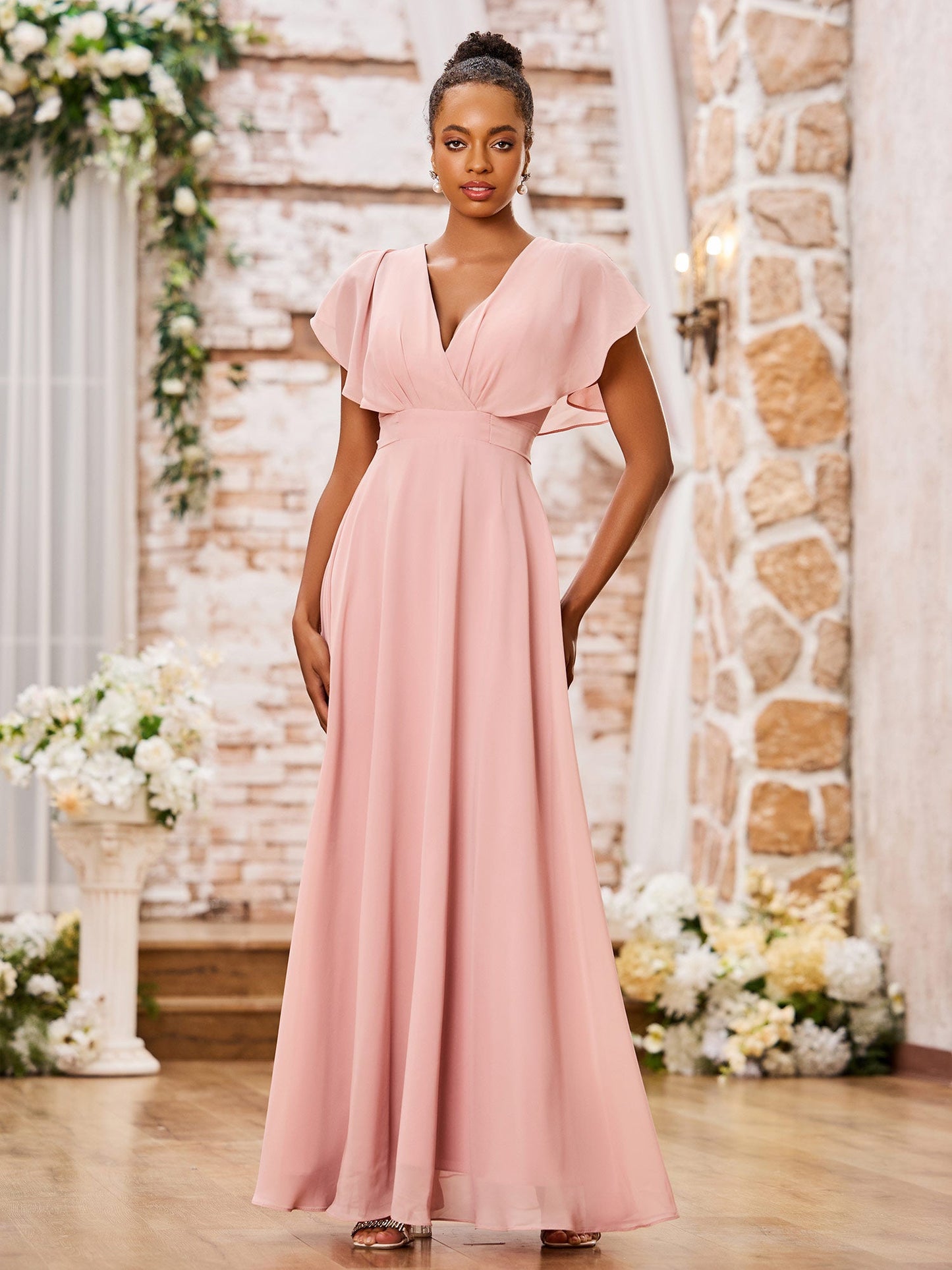 A-line Deep V-neck Long Chiffon Cap Sleeves Dresses Dusty Rose