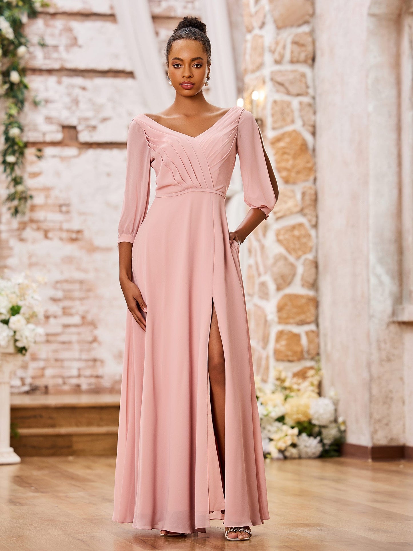 V-neck A-line Long Sleeves Maxi Chiffon Dresses with Slit Dusty Rose