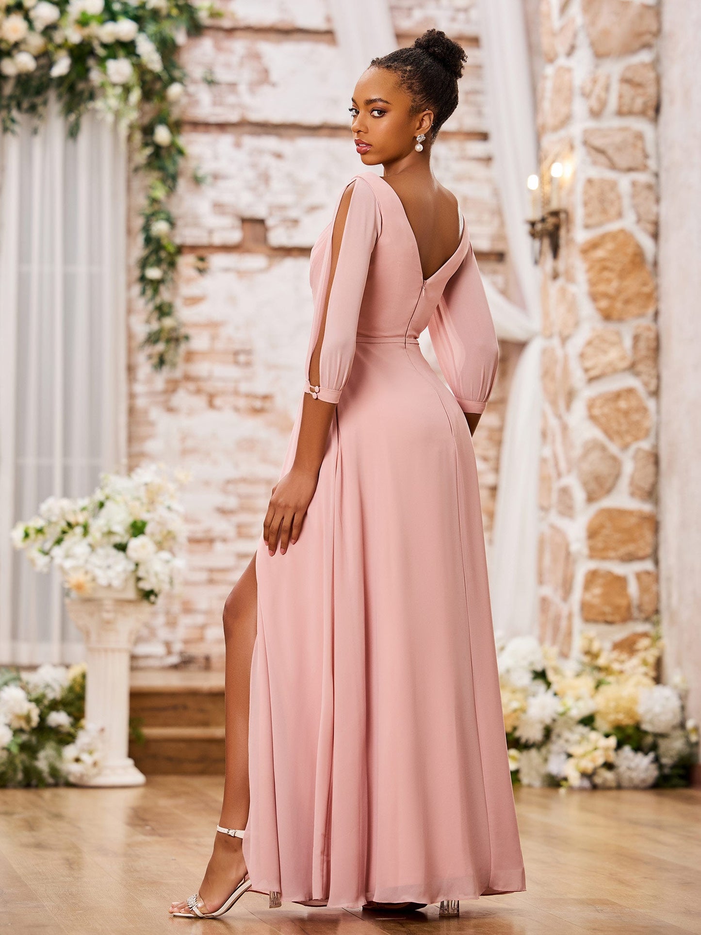V-neck A-line Long Sleeves Maxi Chiffon Dresses with Slit Dusty Rose