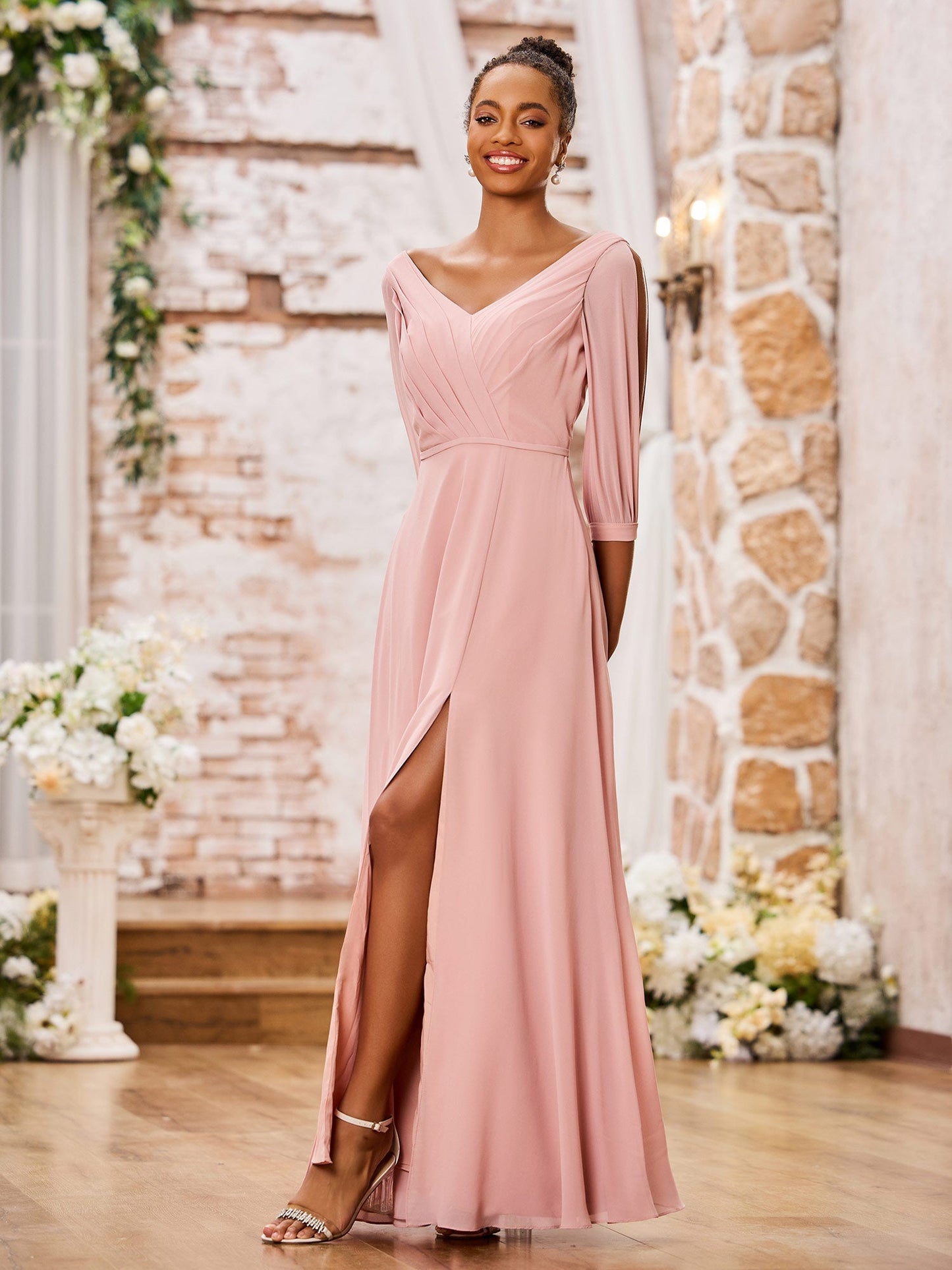 V-neck A-line Long Sleeves Maxi Chiffon Dresses with Slit Dusty Rose