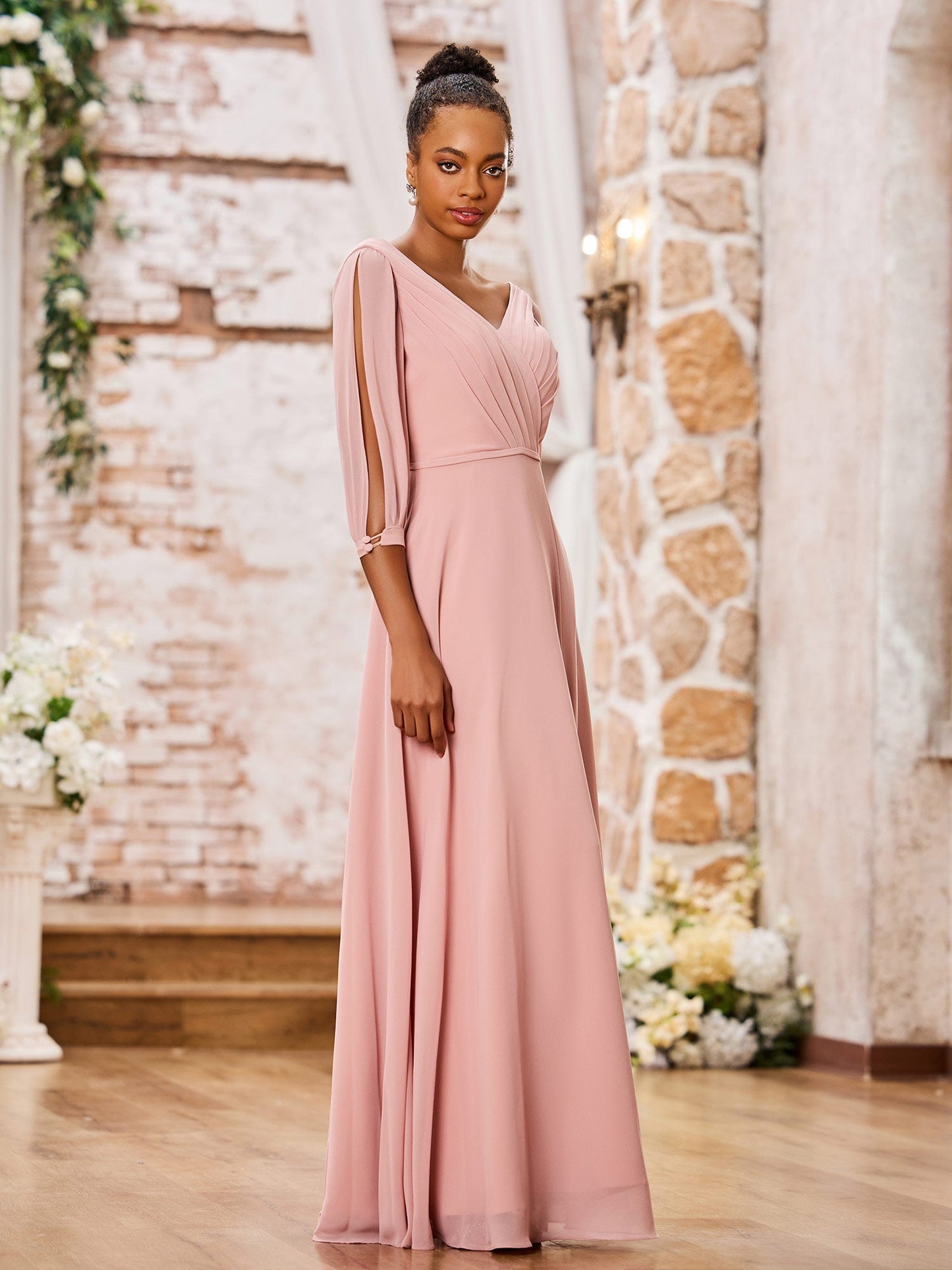 V-neck A-line Long Sleeves Maxi Chiffon Dresses with Slit Dusty Rose