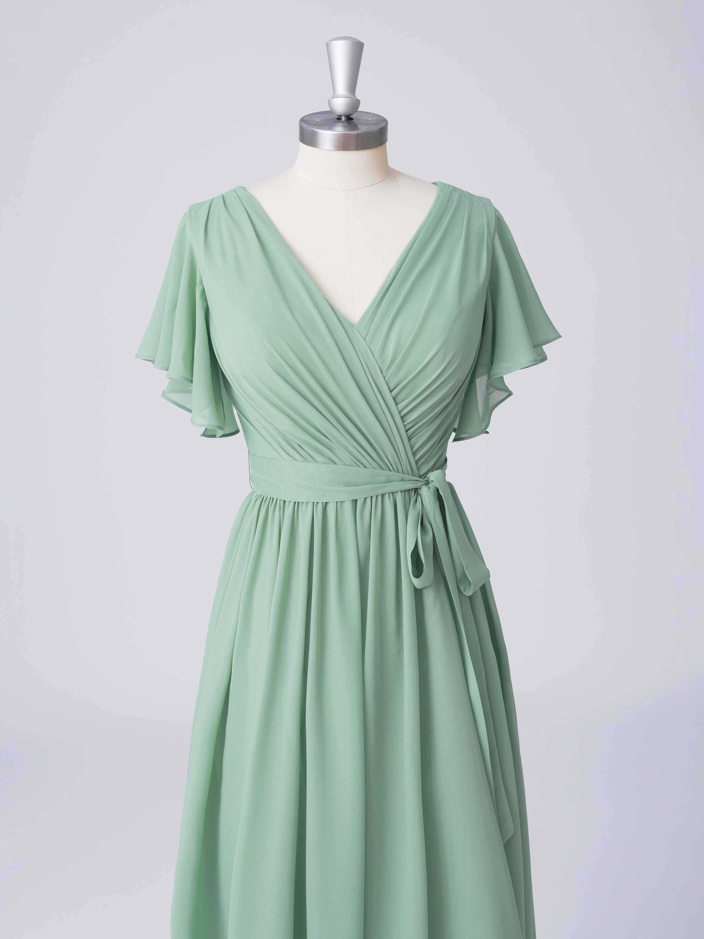 Lunette Elegant V-Neck Chiffon A-line Bridesmaid Dresses with Belt