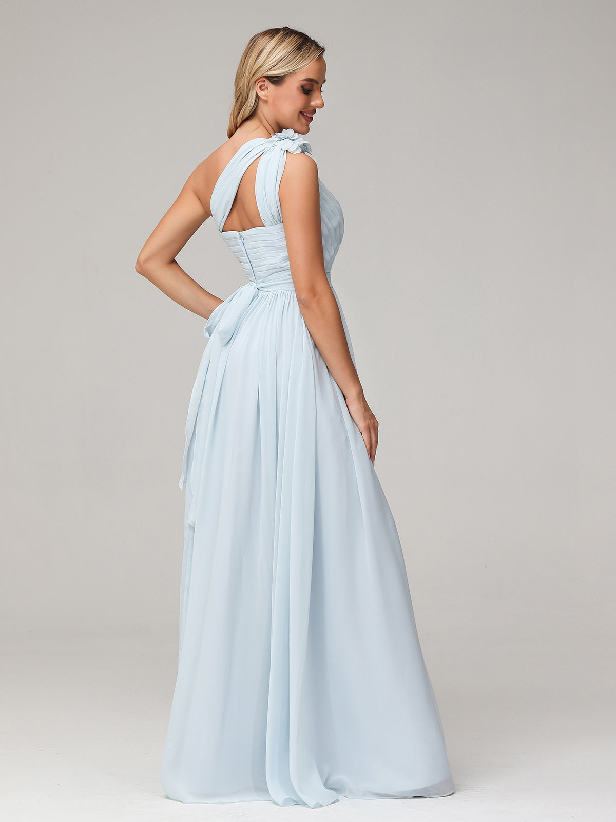 One Flower Shoulder Chiffon Dresses with Pocket Mist