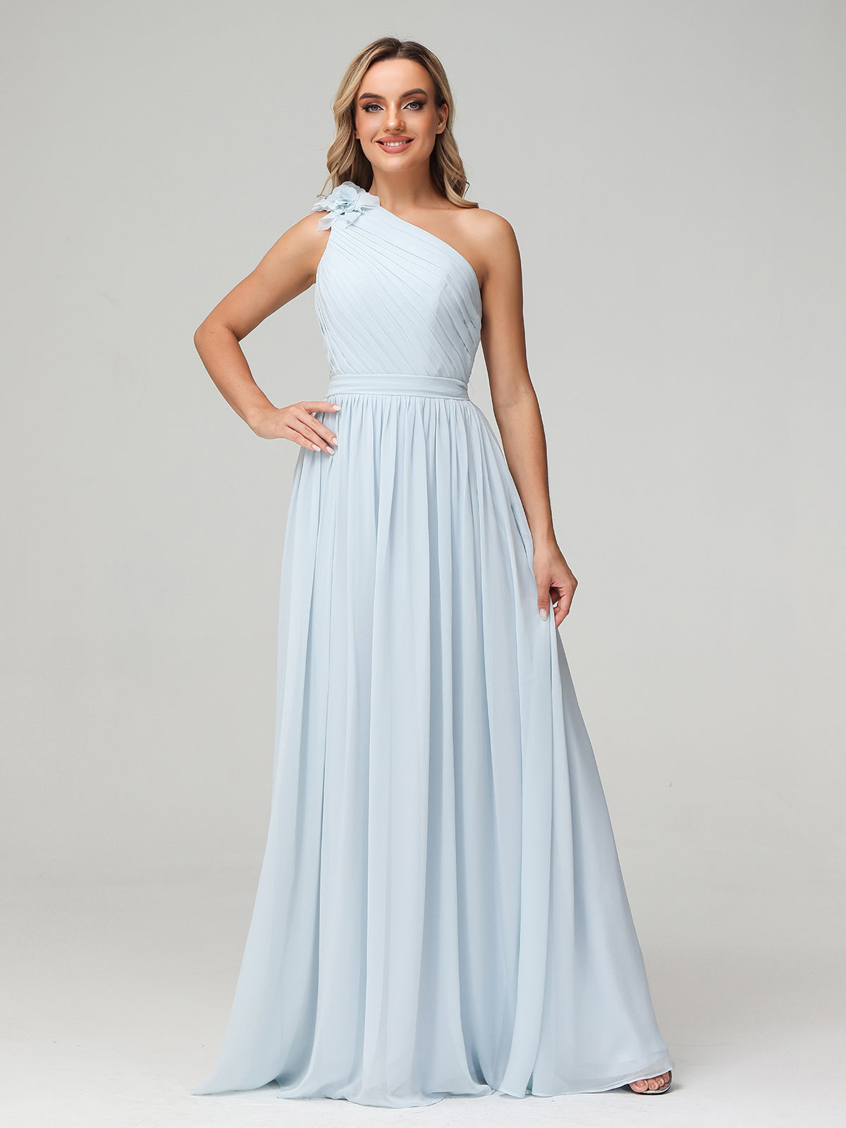 One Flower Shoulder Chiffon Dresses with Pocket Mist