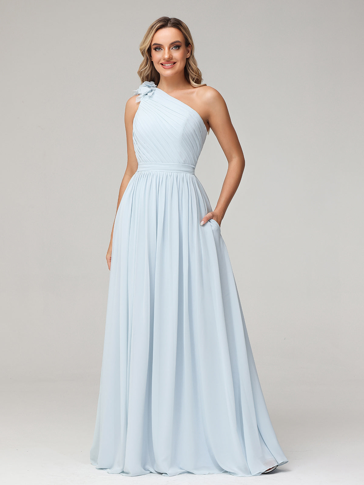 One Flower Shoulder Chiffon Dresses with Pocket Mist