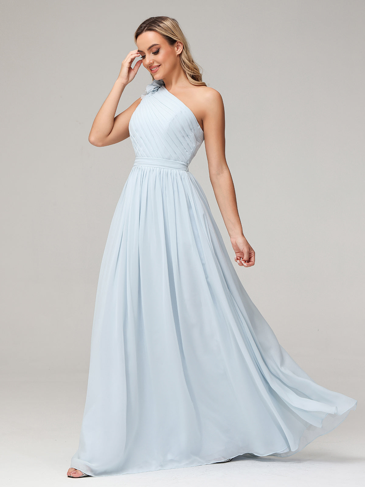One Flower Shoulder Chiffon Dresses with Pocket Mist