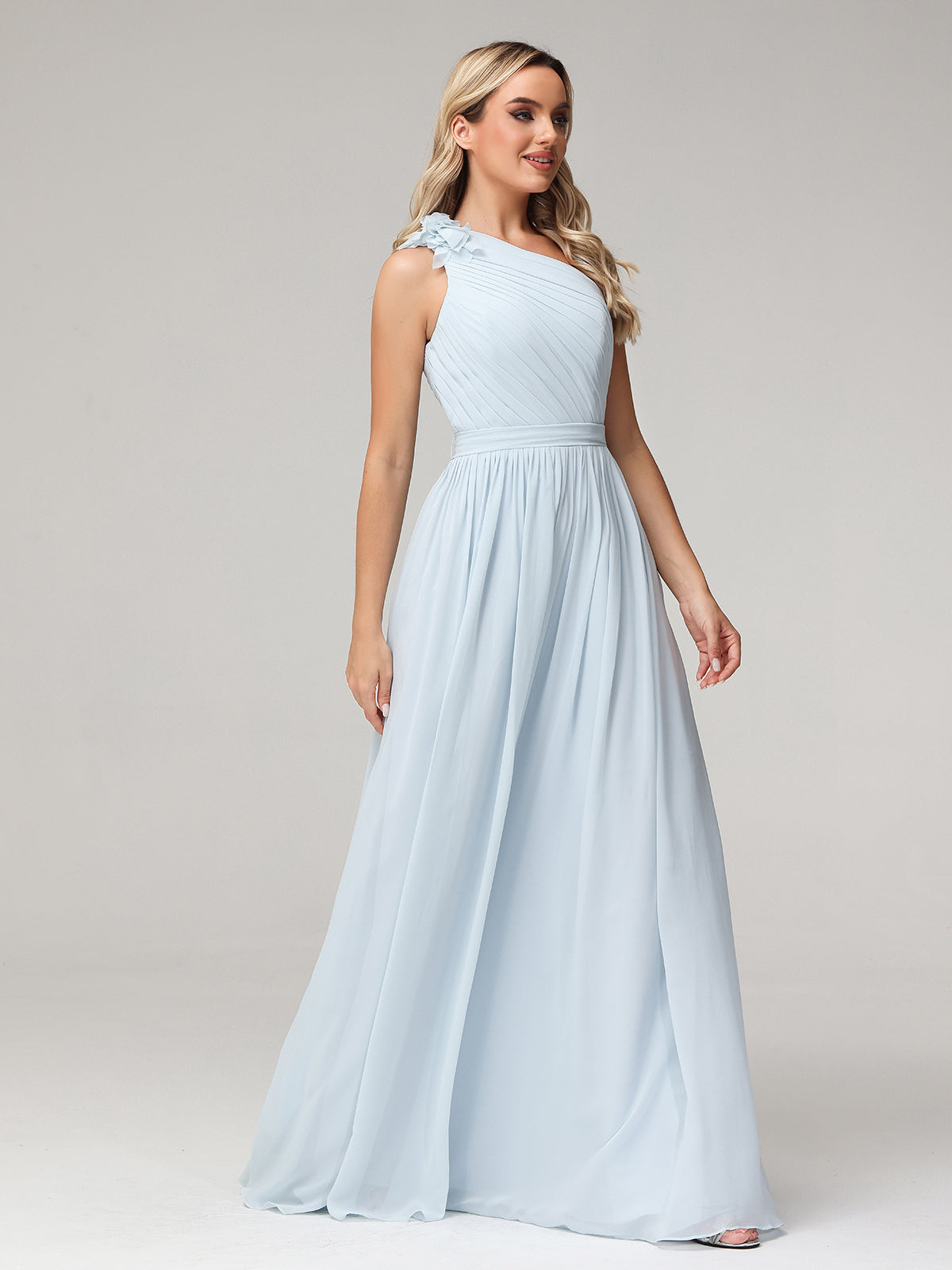 One Flower Shoulder Chiffon Dresses with Pocket Mist