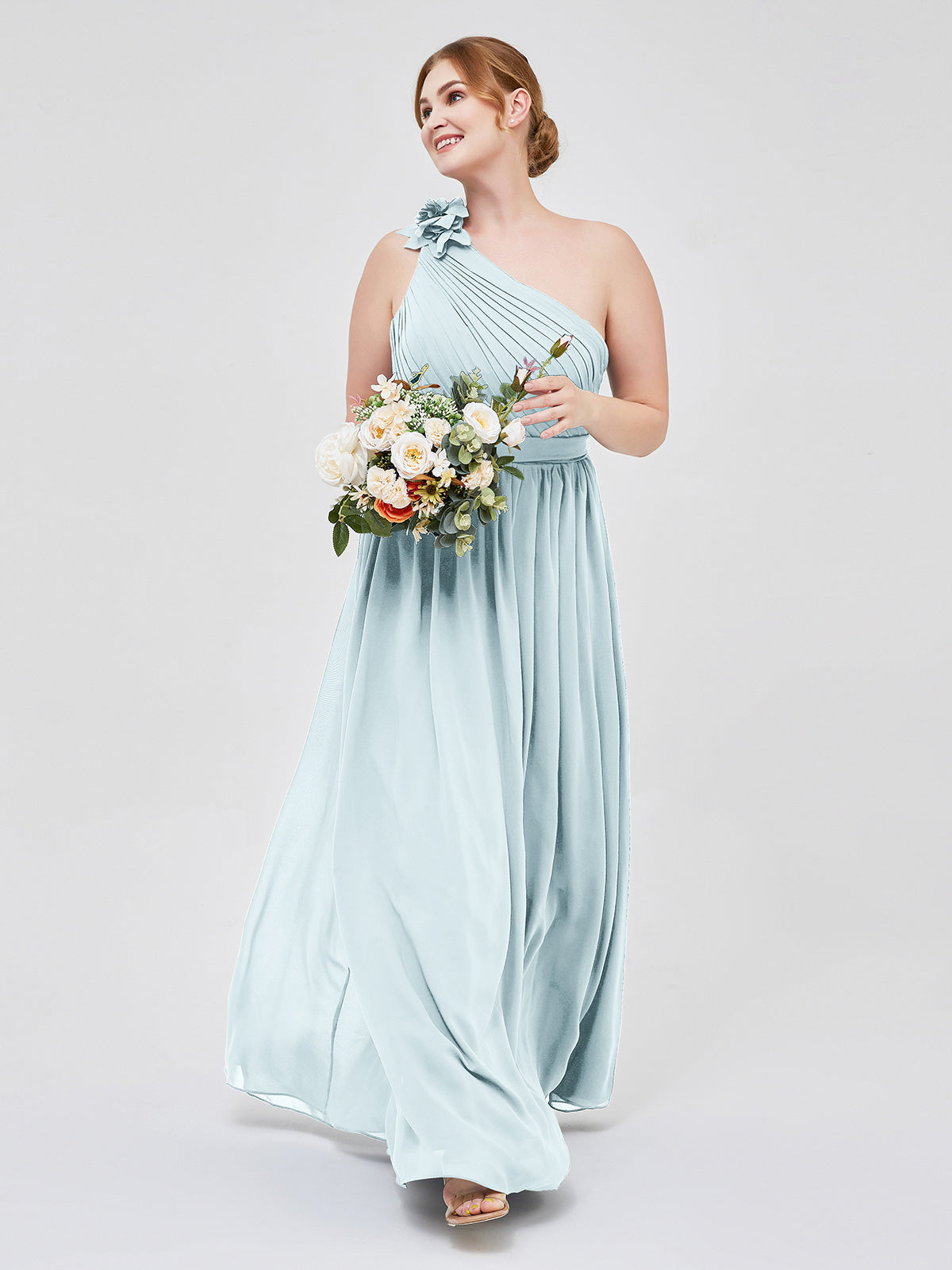 One Flower Shoulder Chiffon Dresses with Pocket Mist