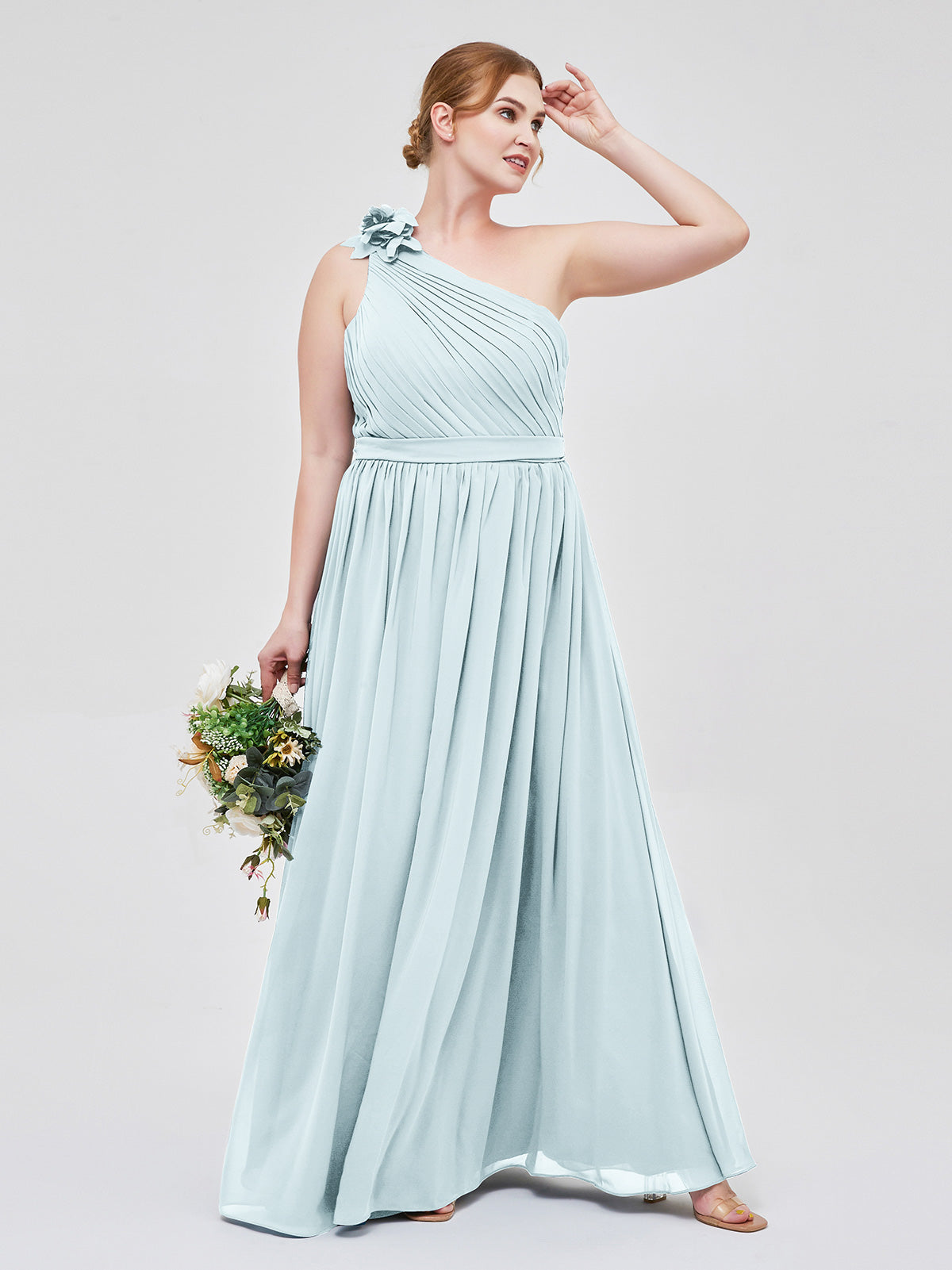 One Flower Shoulder Chiffon Dresses with Pocket Mist