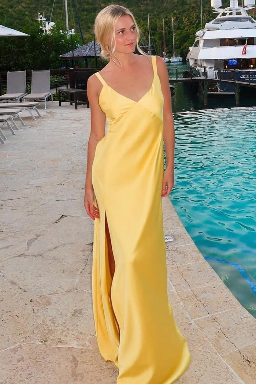 Sheath V-Neck Tie-Back Maxi Dress with Slit in Yellow