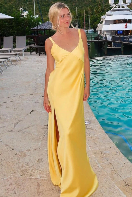 Sheath V-Neck Tie-Back Maxi Dress with Slit in Yellow