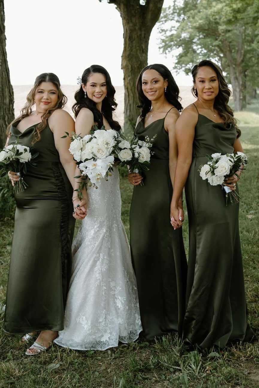 Olive Cowl Neck Spaghetti Straps Sheath Satin Pleated Long Bridesmaid Dress