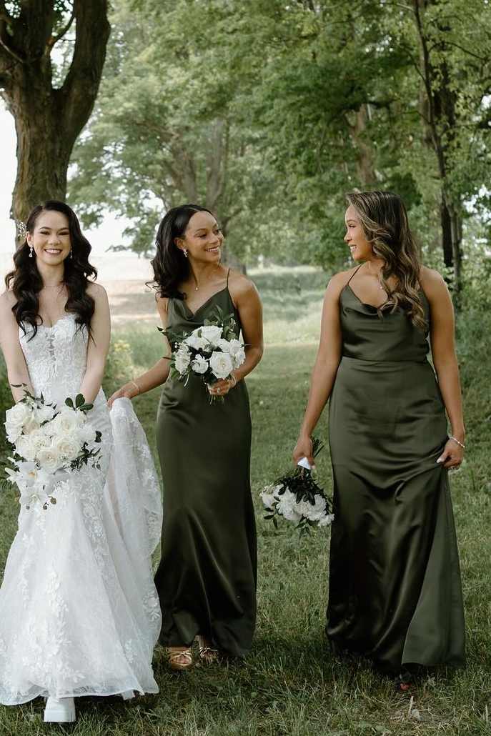 Olive Cowl Neck Spaghetti Straps Sheath Satin Pleated Long Bridesmaid Dress