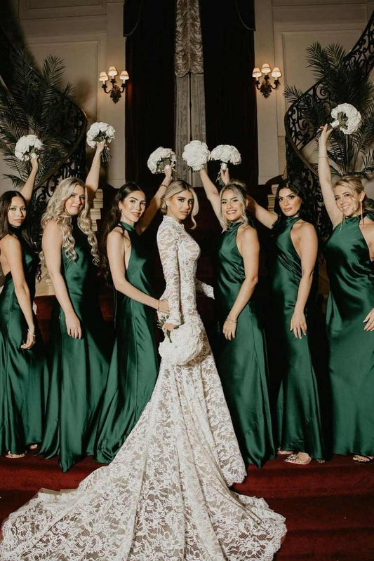 Halter Satin Pleated Mermaid Sleeveless Long Bridesmaid Dress