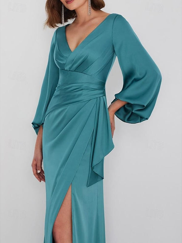 A-Line Floor Length Long Sleeve V Neck Wedding Guest Dresses Tie Charmeuse with Ruched