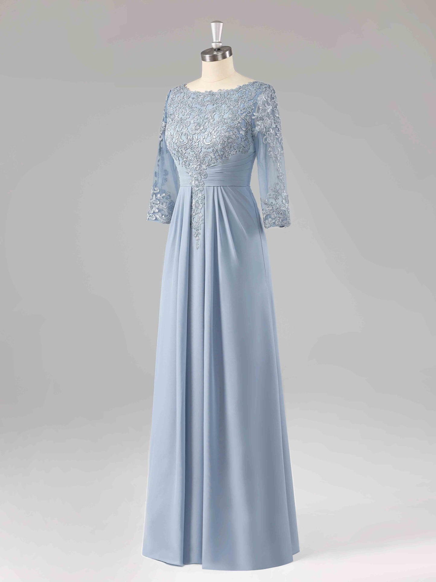 Macy Boat Neck Lace Appliqued A-line Long Chiffon Dresses