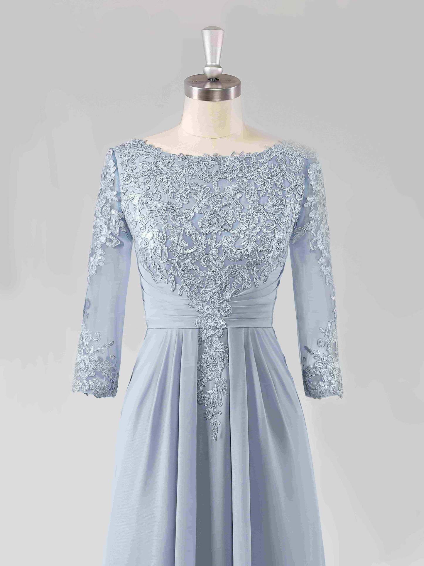Macy Boat Neck Lace Appliqued A-line Long Chiffon Dresses