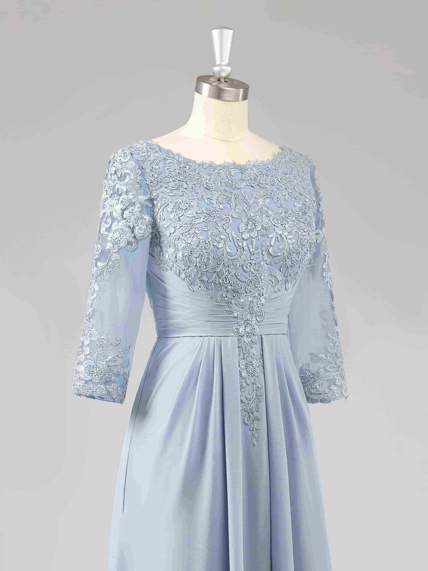 Macy Boat Neck Lace Appliqued A-line Long Chiffon Dresses