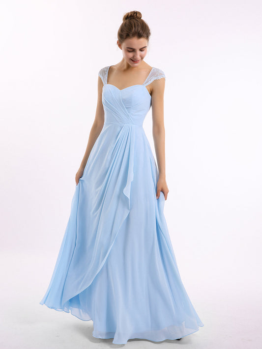 Chiffon Bridesmaid Dresses with Lace Cap Sleeves-Sky Blue