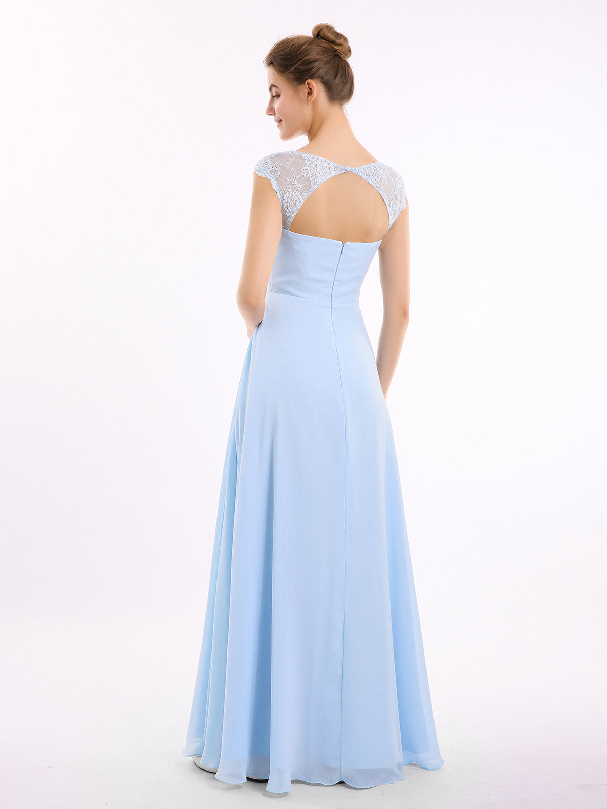 Chiffon Bridesmaid Dresses with Lace Cap Sleeves-Sky Blue