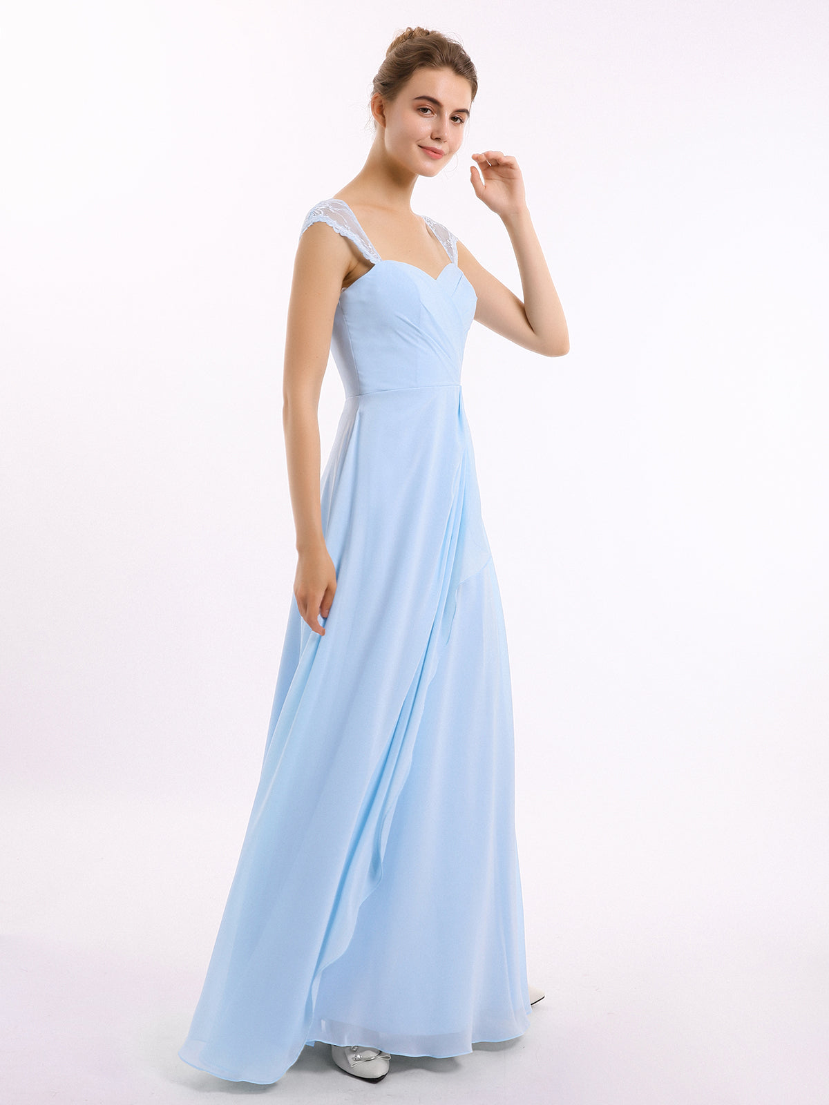 Chiffon Bridesmaid Dresses with Lace Cap Sleeves-Sky Blue