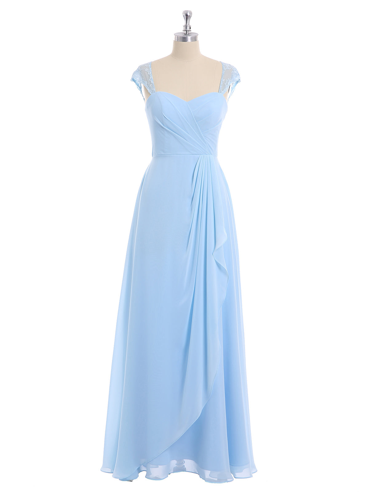 Chiffon Bridesmaid Dresses with Lace Cap Sleeves-Sky Blue