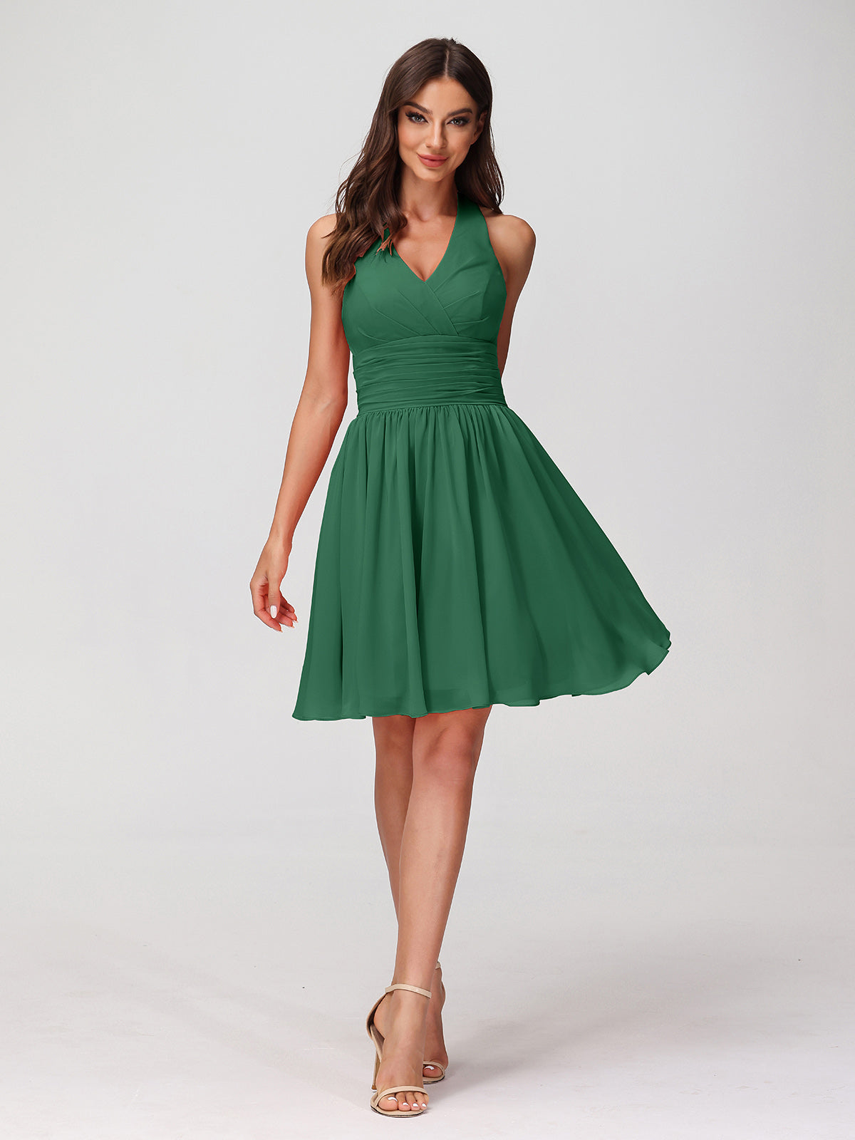 Halter V Neck Short Chiffon Bridesmaid Dresses-Dark Green
