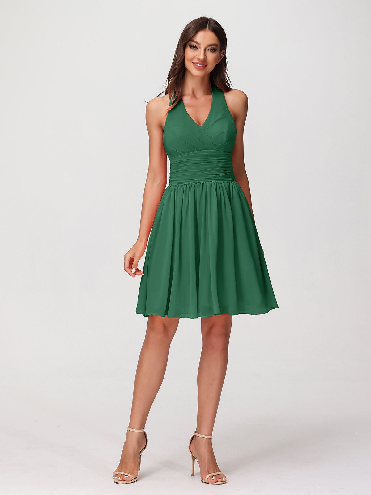 Halter V Neck Short Chiffon Bridesmaid Dresses-Dark Green