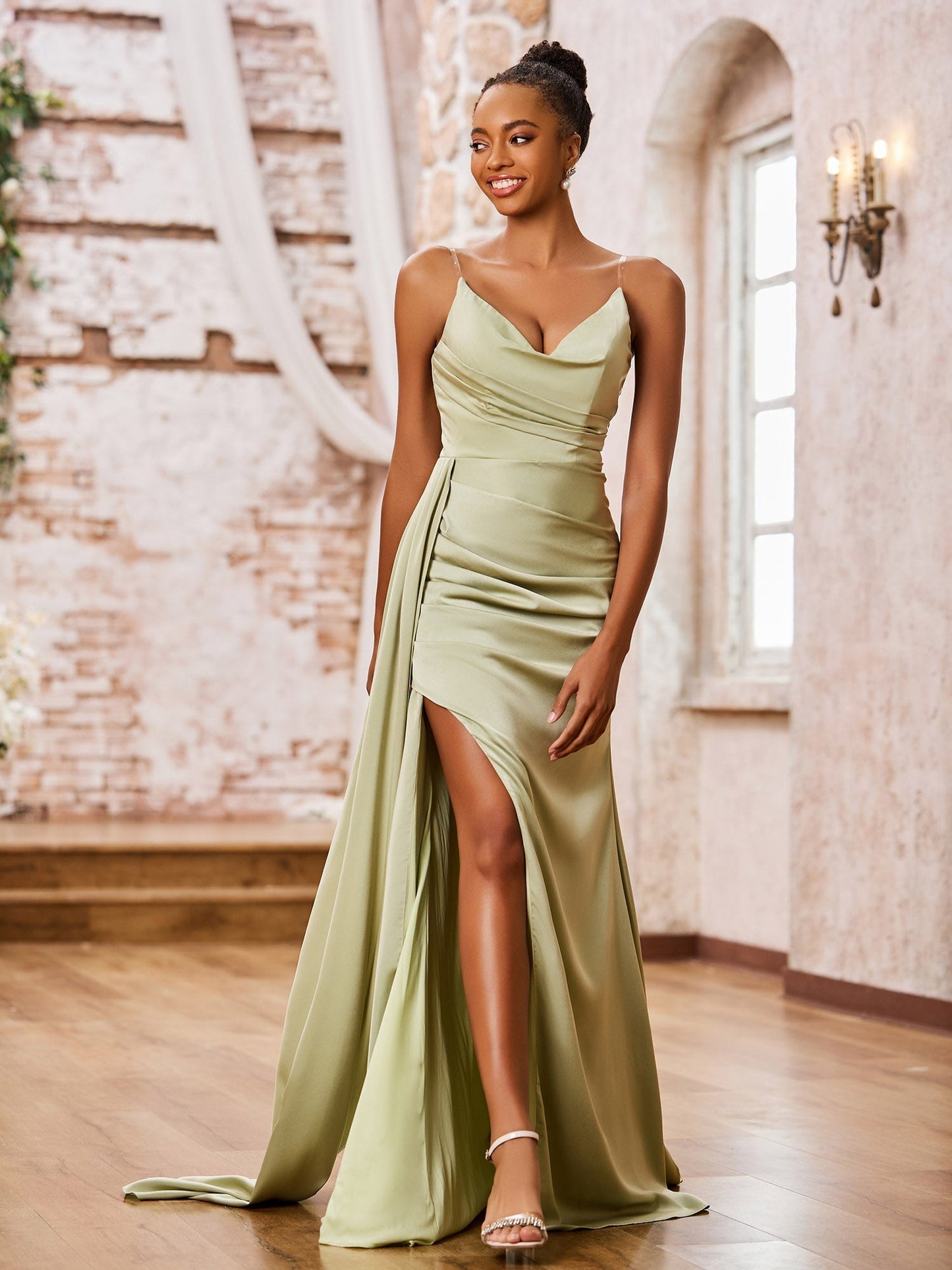 Sheath Spaghetti Straps Soft Satin Sexy Dresses with Slit Dusty Sage