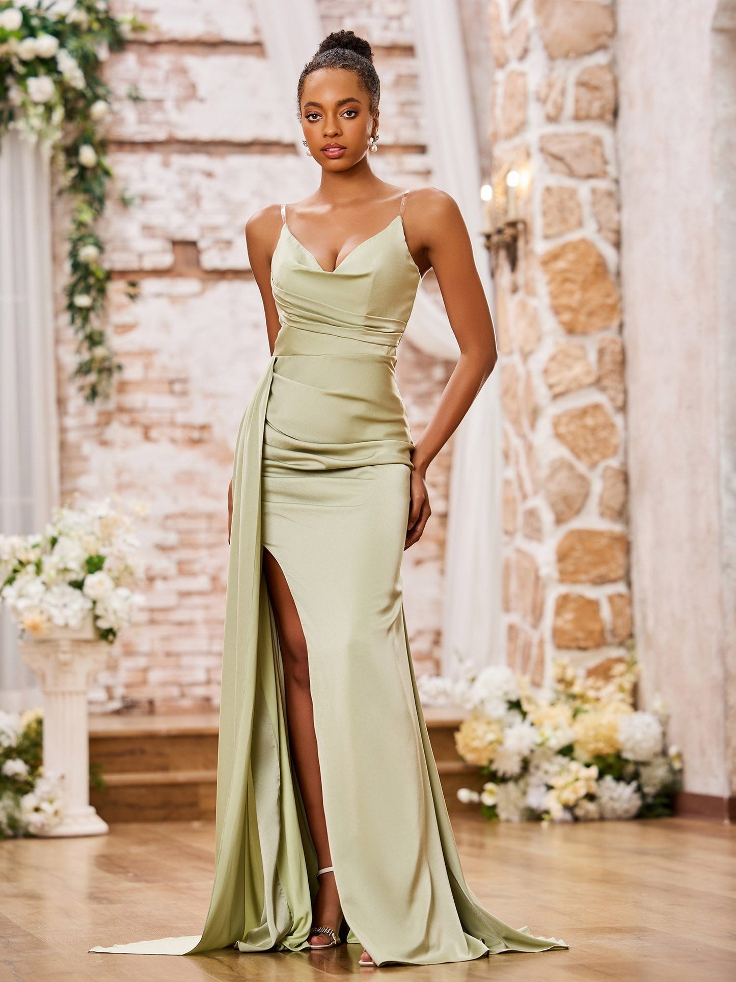 Sheath Spaghetti Straps Soft Satin Sexy Dresses with Slit Dusty Sage